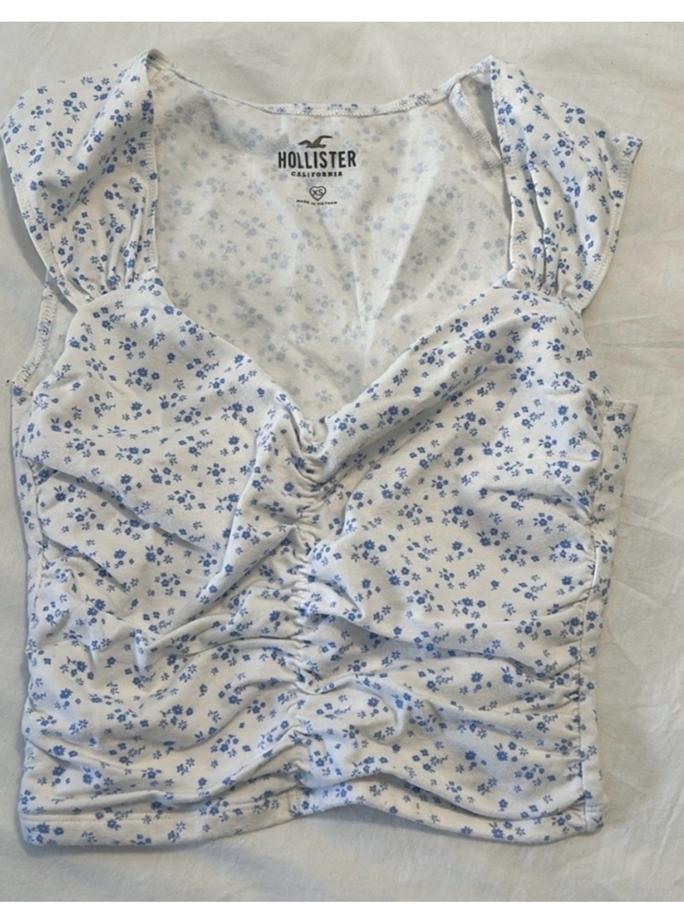 Hollister White Crop Top with Blue Floral Print and Ruched Front